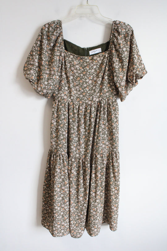 Carly Jean Los Angeles Louise Green Floral Tiered Dress | S