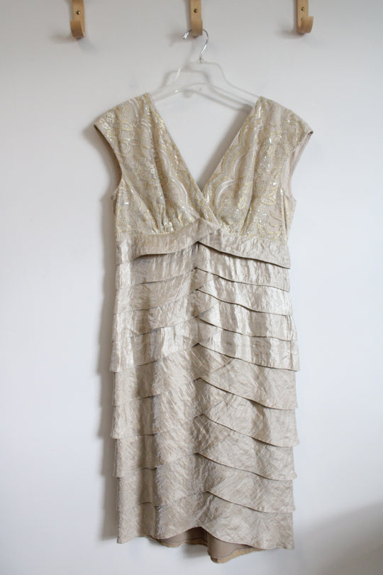 Adrianna Papell Metallic Gold Ruffled Lace Dress | 10