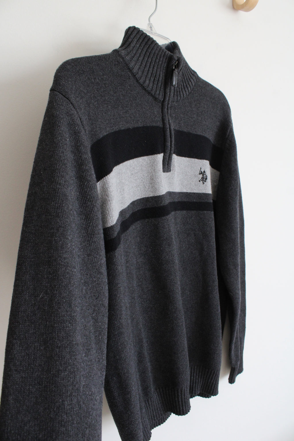 U.S. Polo Assn. Gray & Black Striped Quarter Zip Sweater | M