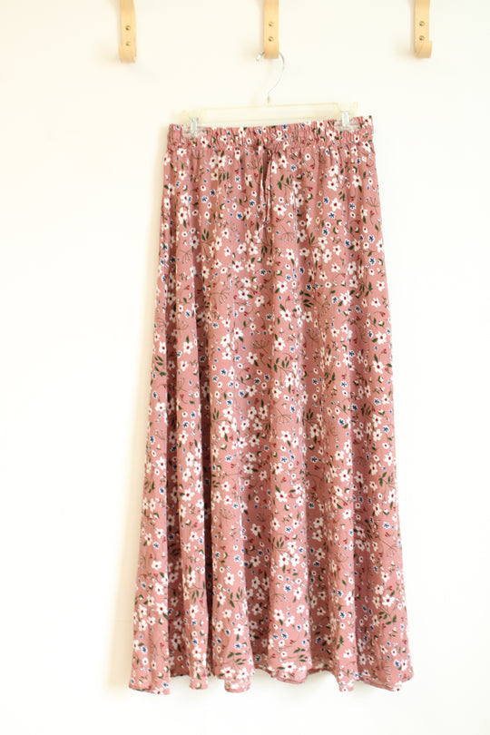 NEW Simlu Pink Floral Drawstring Elastic Waistband Maxi Skirt | M