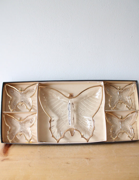 Vintage Gold Trimmed Clear Glass Butterfly Dish Set