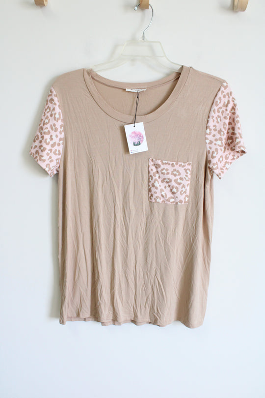 NEW Bombom Tan Pink Leopard Print Pocket Top
