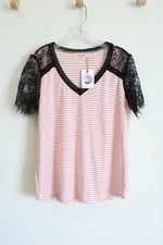 NEW Mazik Pink White Black Lace Sleeved Top