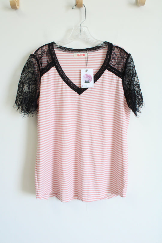 NEW Mazik Pink White Black Lace Sleeved Top