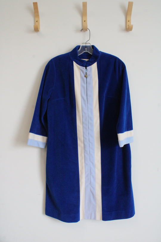 Vintage Vanity Fair Blue Stripe Velour Full Zip Lounge Robe | 10