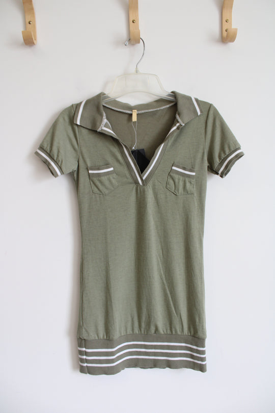 NEW YBF2 Green White Striped Collared Fitted Dress | XS/S