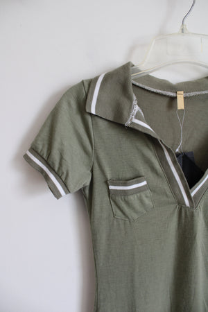 New YBF2 Green White Striped Collared Fitted Dress | XS/S New YBF2 Green White Striped Collared Fitted Dress | XS/S