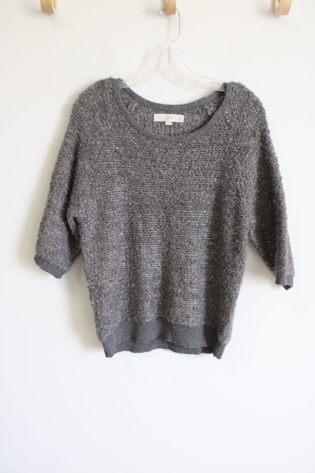 Ann Taylor LOFT Gray Knit Sequined Sweater | L Petite
