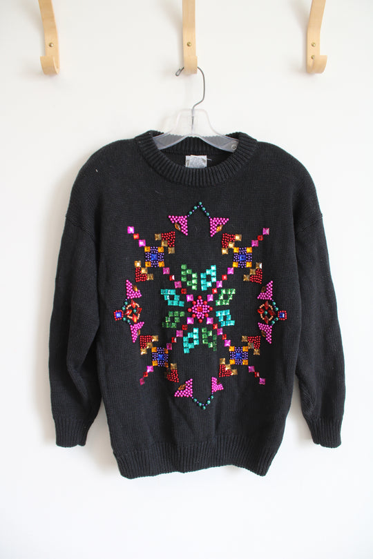 Fashion Formulas Vintage Colorful Beaded Black Sweater | M