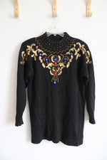 Bonnie Evans Gold Sequined & Beaded Black Sweater | S