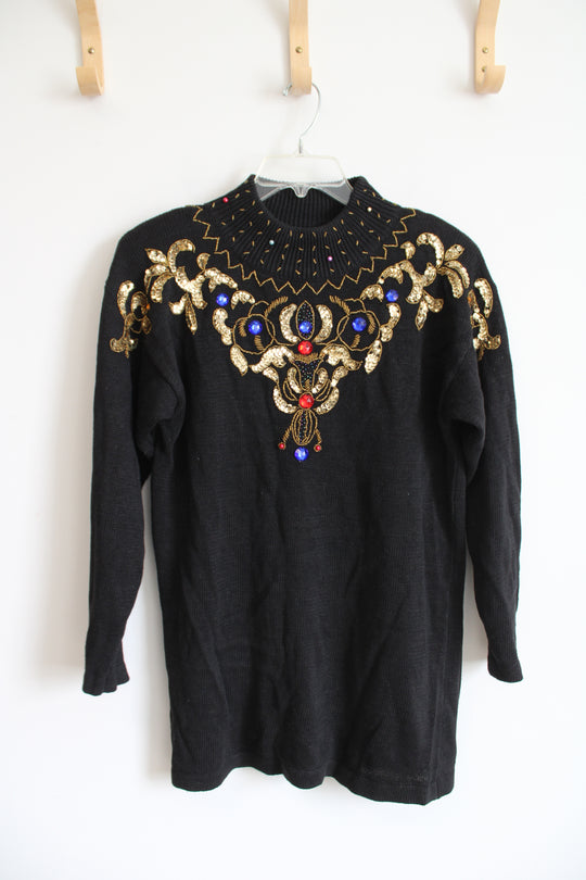 Bonnie Evans Gold Sequined & Beaded Black Sweater | S