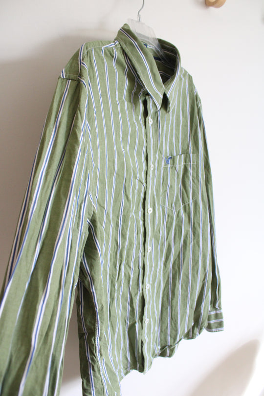 American Eagle Vintage Fit Green Blue & White Striped Button Down Shirt | XXL