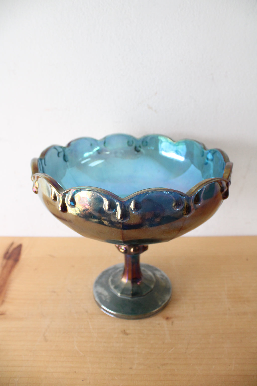 Vintage Indiana Glass Blue Carnival Iridescent Glass Compote Bowl