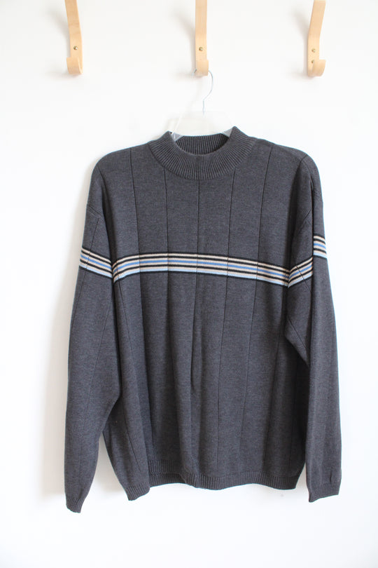 Adolfo Black Tan & Blue Striped Gray Sweater | XL