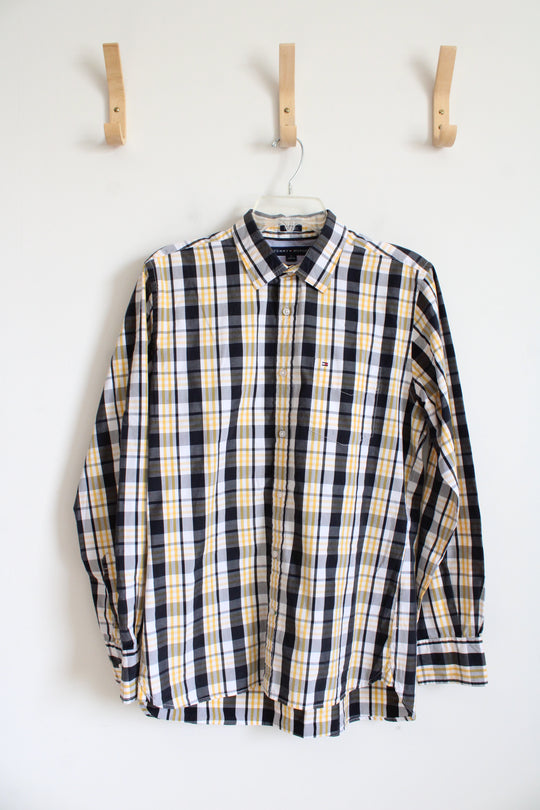 Tommy Hilfiger Custom Fit Black Yellow & White Plaid Button Down Shirt | M