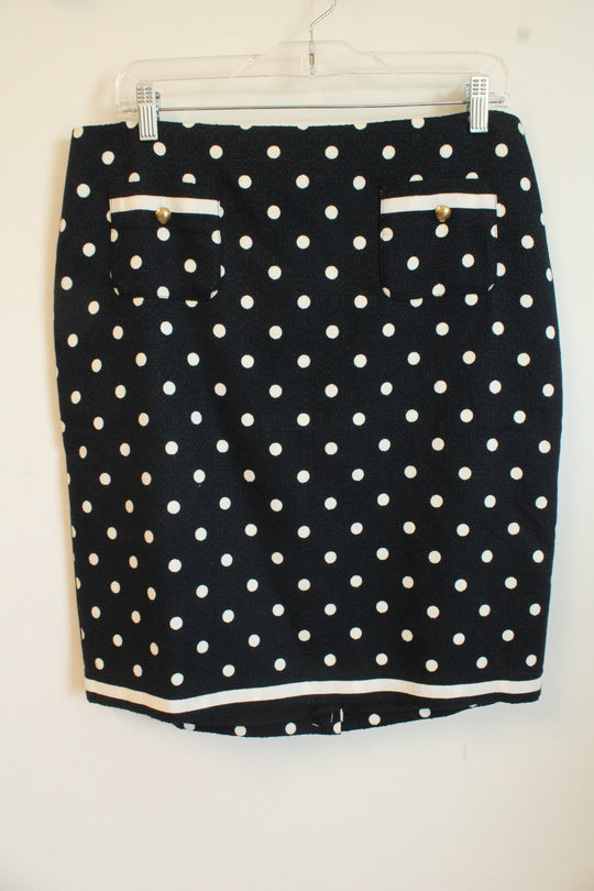 NEW Talbots Navy Blue and White Polka Tweed Skirt with Gold Front Pockets and Gold Buttons | 14