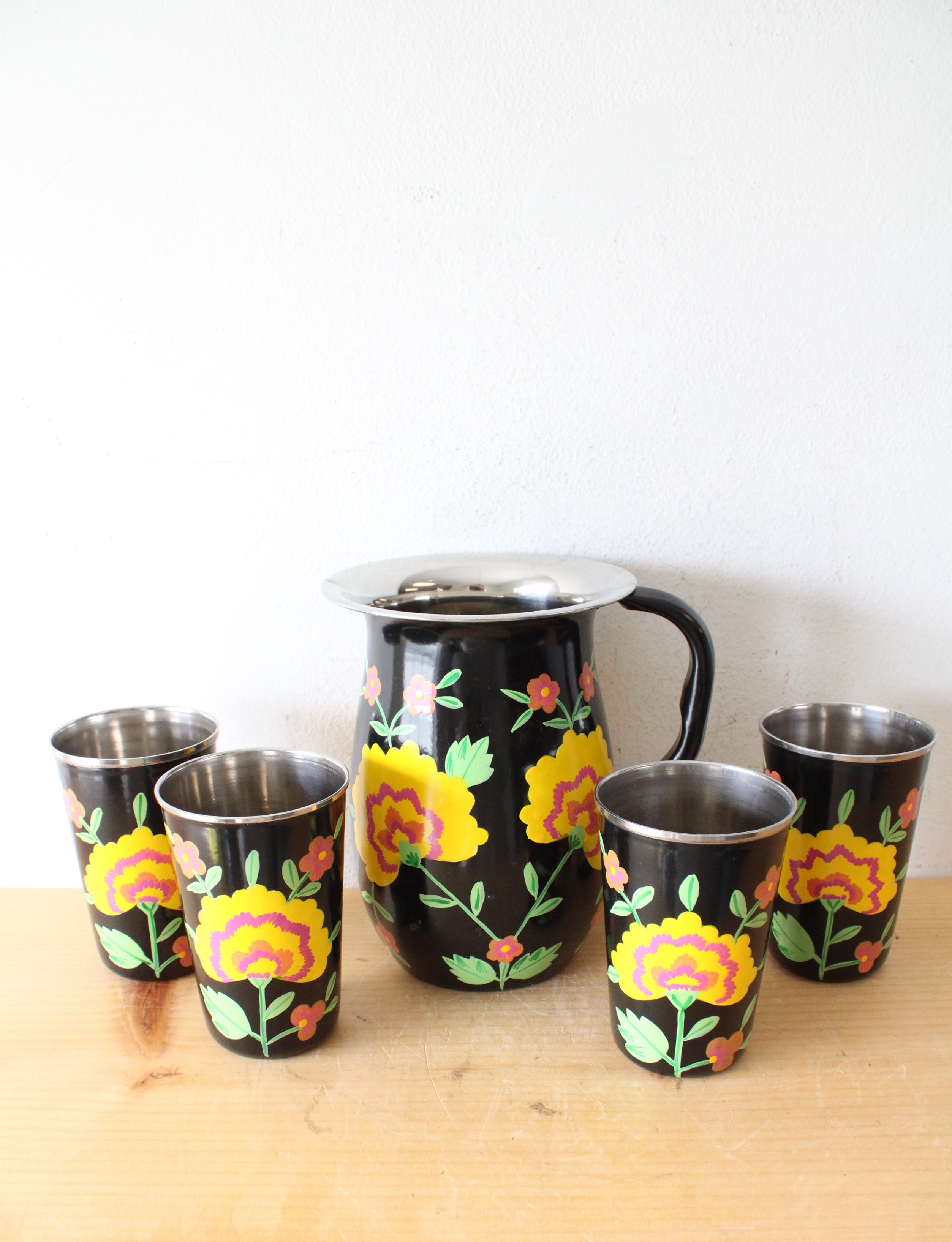 Ten Thousand Villages Black Hand Painted Stainless Steel Floral Pitcher & Cup Set