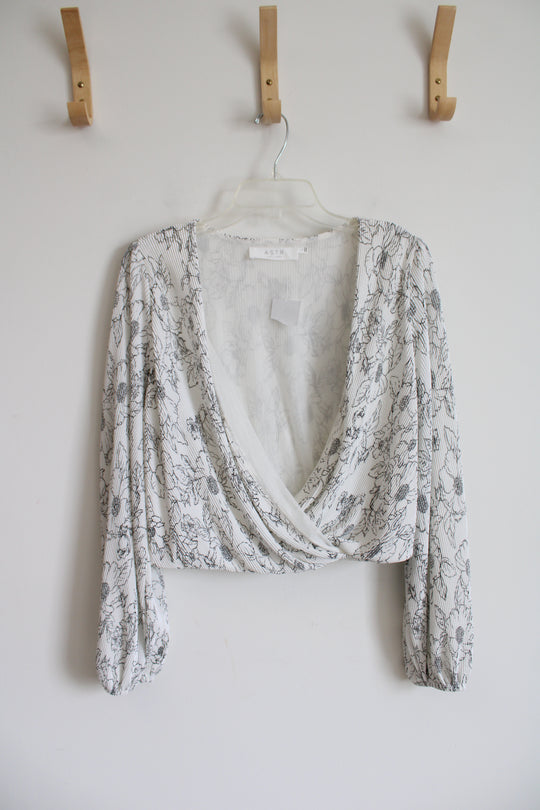 NEW Astr Black & White Floral Ribbed Wrap Cropped Top | L