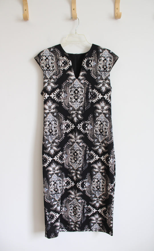 Connected Apparel Black Cream & Blue Patterned Dress | 10
