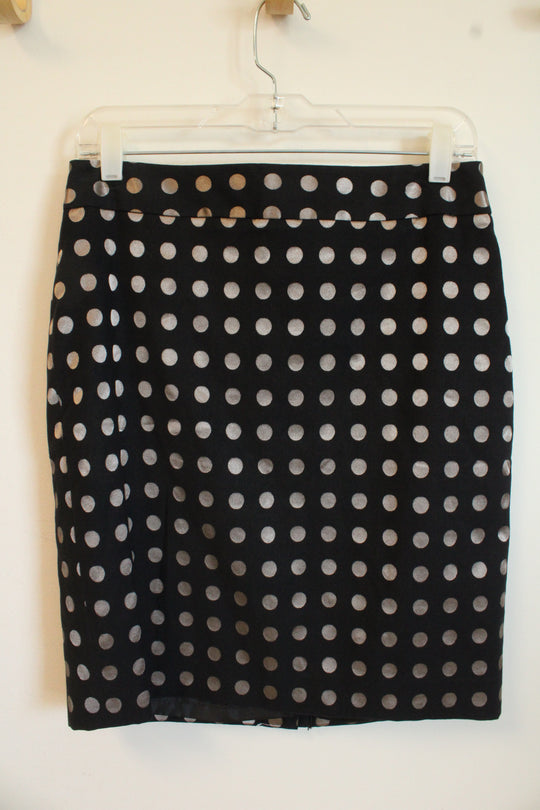NEW Ann Taylor Petite Black and Metallic Silver Polka Dot Pencil Skirt | 8 Petite