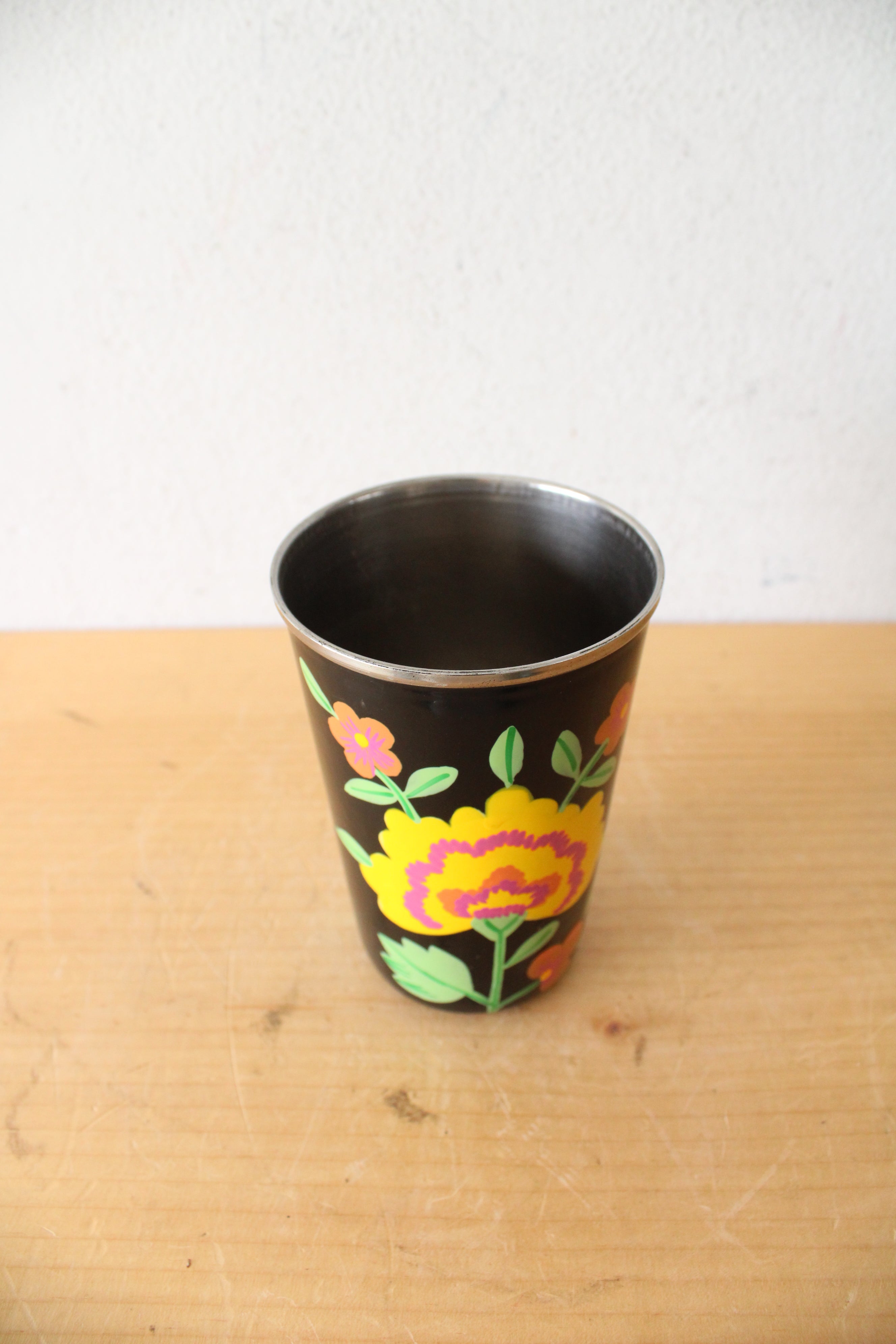 Ten Thousand Villages Black Hand Painted Stainless Steel Floral Pitcher & Cup Set