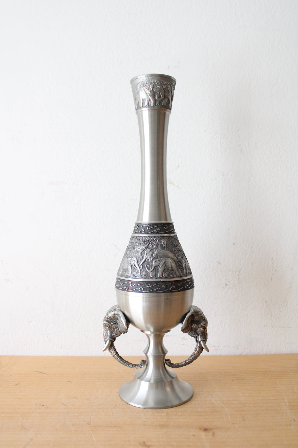 Vintage Thai Engraved Elephant Pewter Vase | 12.25"