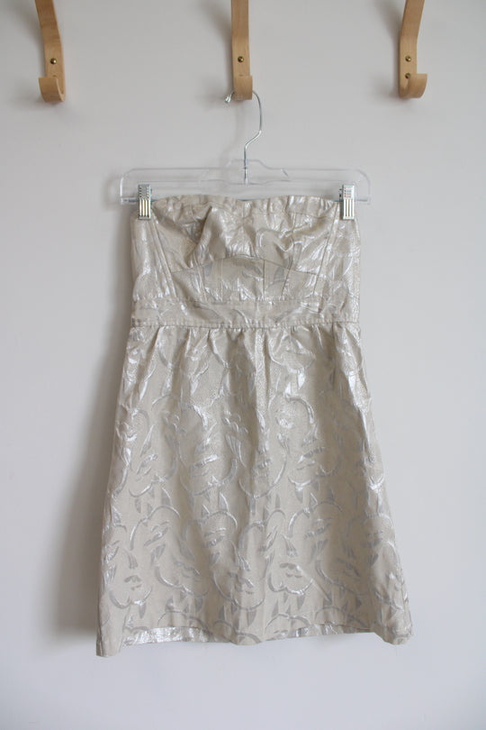 American Eagle Champagne Metallic Patterned Strapless Mini Dress | 2
