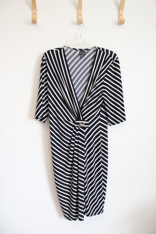 Covington Black & White Striped Deep V-Neck Dress | L