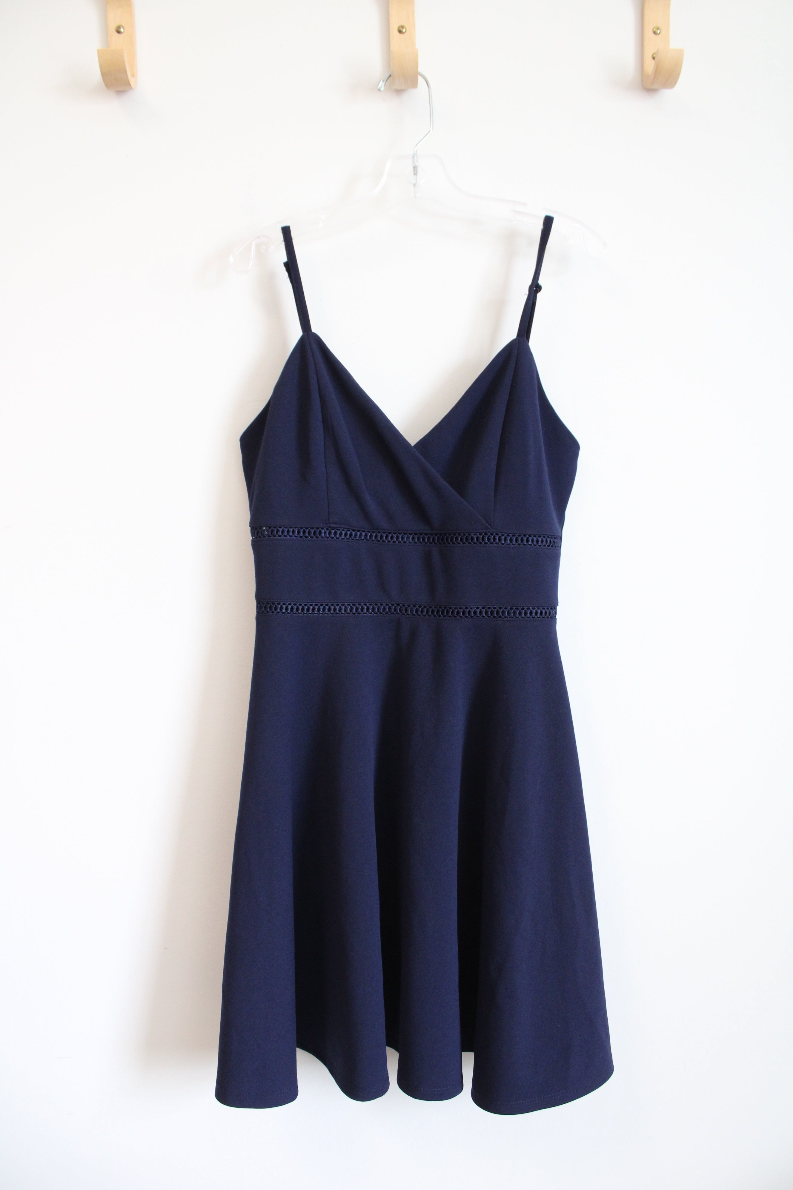 trixxi blue dress Womens Navy V Neck Fit + Flare Juniors S Color:Silver Champagne Spring Crochet Elegant High Low Two Trixxis square