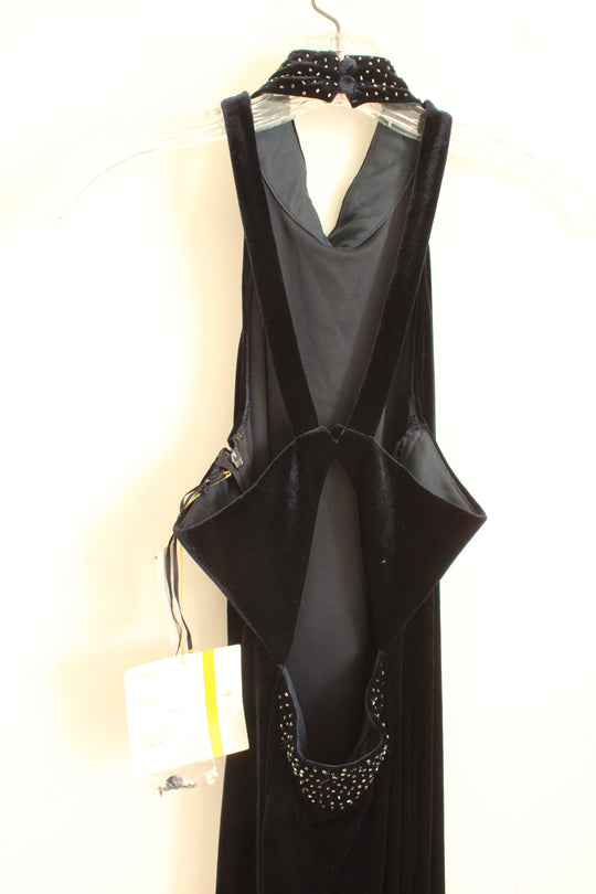NEW Reggio for Rimini Navy Blue Long Velvet Halter with Beading and Cutout Back Formal Dress | 6