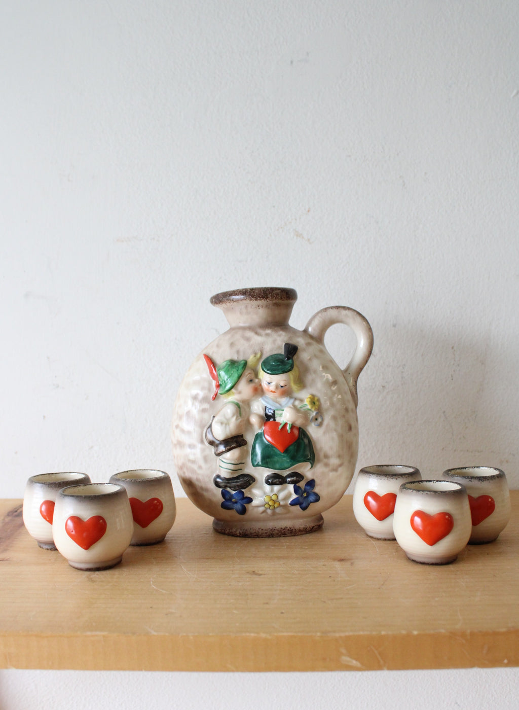 Vintage Goebel German Boy & Girl Ceramic Decanter & Cup Set