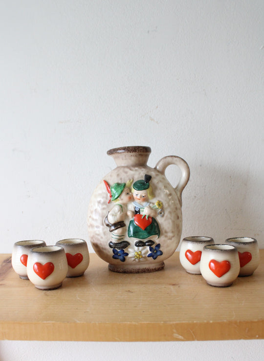 Vintage Goebel German Boy & Girl Ceramic Decanter & Cup Set