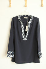 NEW Tory Burch Blue and White Embroidered Knit Trim Tunic Top | 10