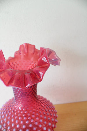 Vintage Fenton Cranberry Hobnail Ruffled Vase