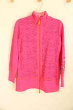 Disney Parks Pink and Purple Printed Zip Front Embroidered Sweater | XS