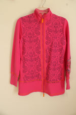 Disney Parks Pink and Purple Printed Zip Front Embroidered Sweater | XS