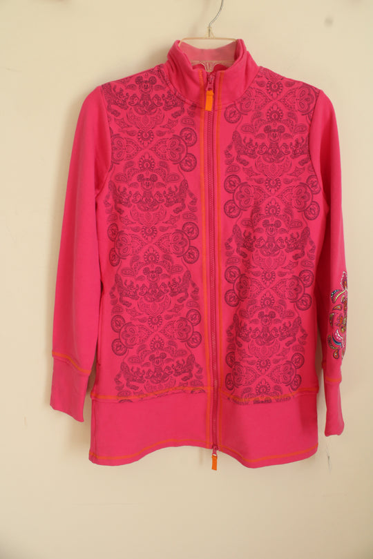 Disney Parks Pink and Purple Printed Zip Front Embroidered Sweater | XS