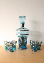 Vintage Blue & Silver Liquor Decanter & Shot Glasses Set