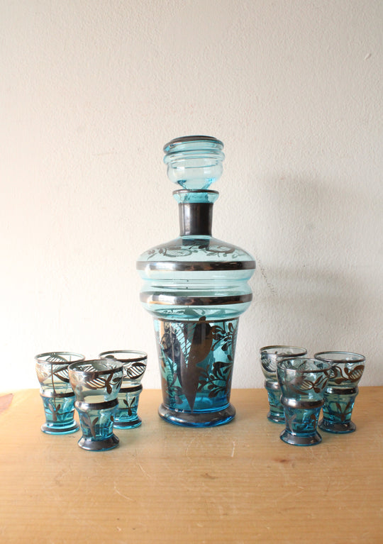Vintage Blue & Silver Liquor Decanter & Shot Glasses Set