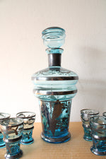 Vintage Blue & Silver Liquor Decanter & Shot Glasses Set