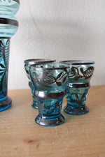 Vintage Blue & Silver Liquor Decanter & Shot Glasses Set