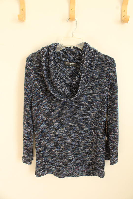 NEW Jones New York Blue Black and Silver Knit Cowl Neck Sweater | S