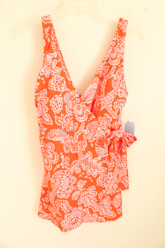 New Lands' End Orange and White Printed Wrap One-piece Bathing Suit Dress | 12