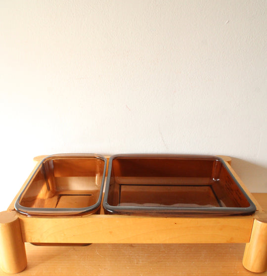 Vintage Corning Pyrex Amber Glass Baking Dishes Party Server Wooden Holder