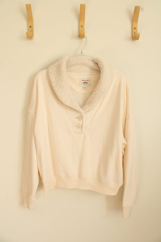 American Eagle Cream Cropped Oversized Sweatshirt with Sherpa Collar | M
