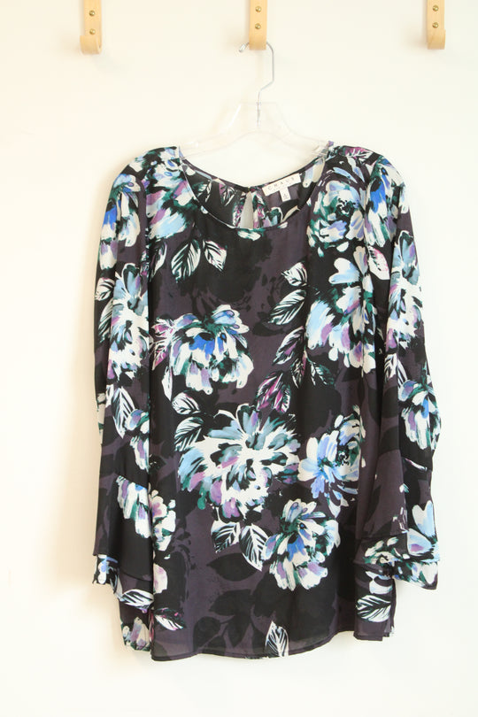 Chaus New York Purple Floral Bell Sleeve Tunic Blouse | L