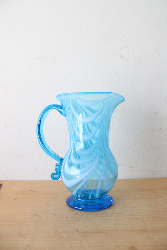 Hand Blown Blue & White Swirl Small Pitcher