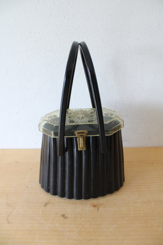 Vintage Lucite Elsa Etched Lid Black Ribbed Purse
