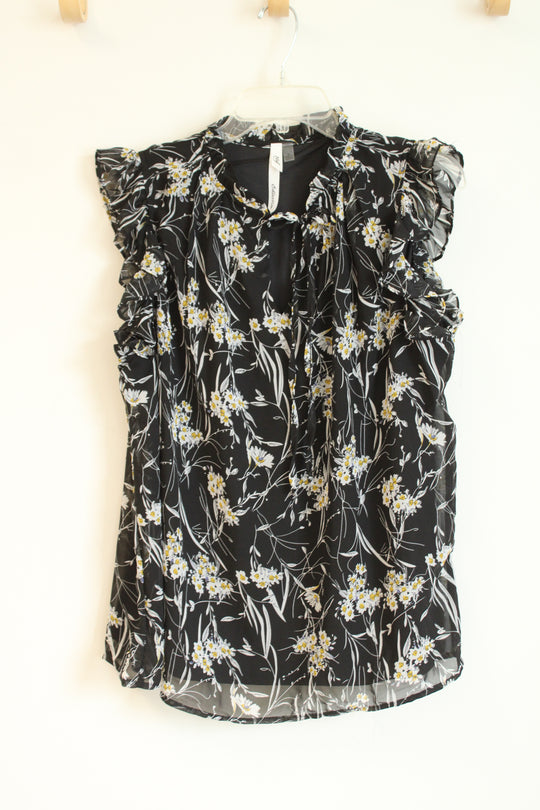 NY Collection Black Floral Flutter Sleeve Shirt | XL