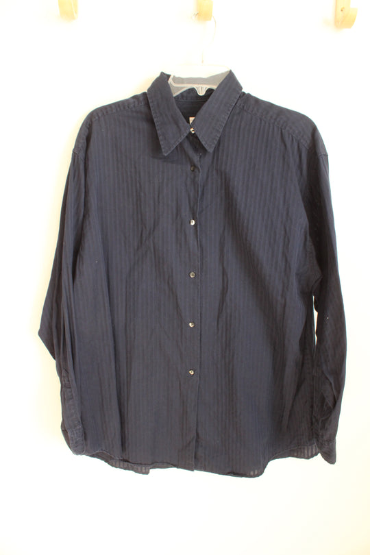 J. Crew Navy Blue Cotton Texture Striped LS Button-down Shirt | L